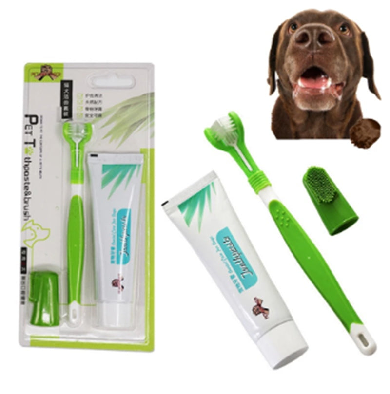 Kit Brosse à Dents Triple Tête & Doigtiers Silicone — Hygiène Dentaire Chien Chat
