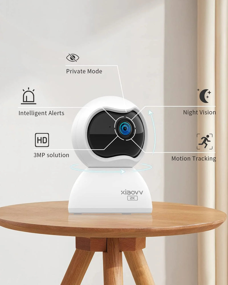 XIAOVV Indoor WiFi Surveillance Camera 2K Pet and Baby Camera with Motion Tracking 360° WiFi IP Home Cameras Night Vision